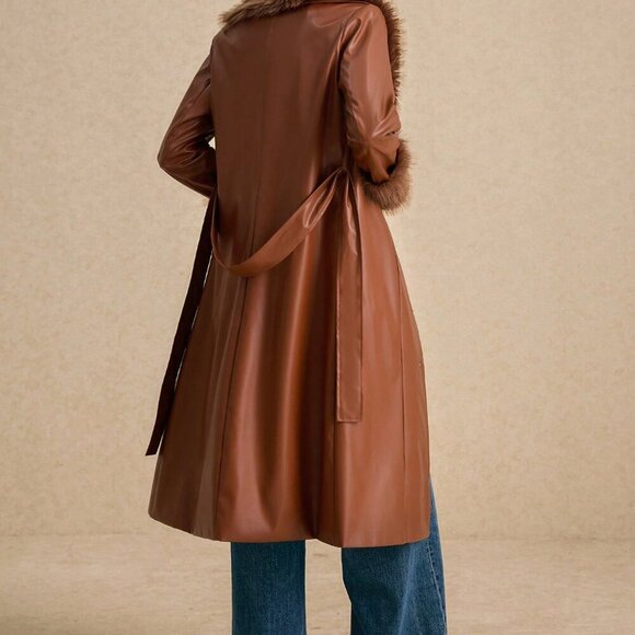 Coffee Brown Elegant Women's Faux Fur Collar Faux Leather Trench Coat - Picture 4 of 6